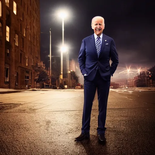 Image similar to joe biden standing in a city street in the middle of a stormy night, award winning long exposure photography