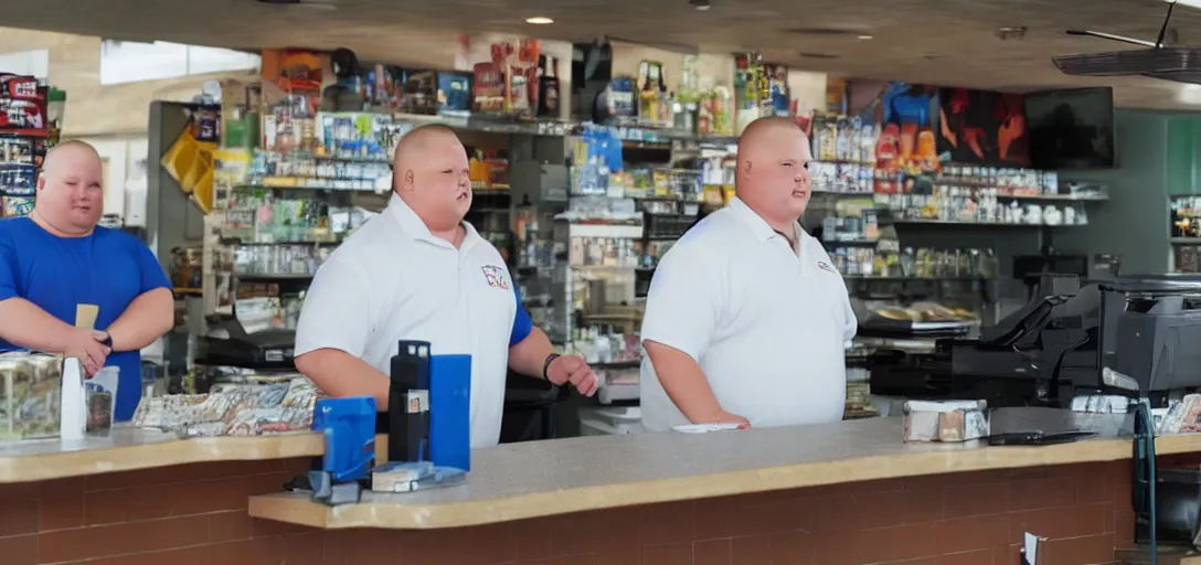 Image similar to bobby hill from king of the hill working behind the counter of a gas station, 8 k, hd, movie still