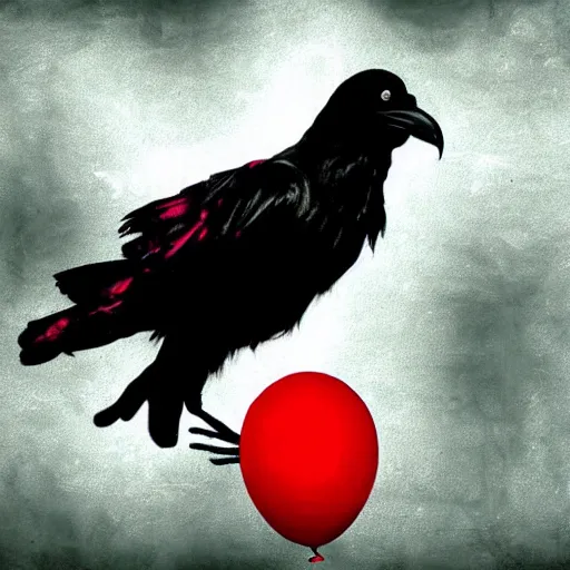 Prompt: grunge painting of a raven with a wide smile and a red balloon by tim burton, loony toons style, pennywise style, corpse bride style, rick and morty style, creepy lighting, horror theme, detailed, elegant, intricate, conceptual, volumetric light