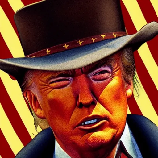 Prompt: donald trump as clint eastwood squinting at high noon in the style of a clint eastwood movie, the good, the bad and the ugly, clint eastwood, steven seagal, bud spencer, donald trump, glory days, american flag, patriotism, apple pie, black and white, artgerm, trending on artstation