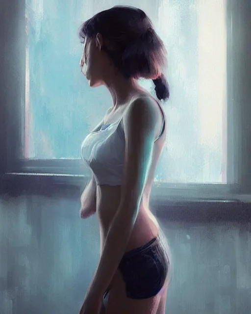 Image similar to A ultradetailed beautiful panting of a girl looking in the mirror by GUWEIZ