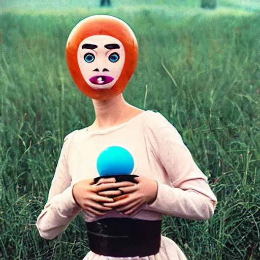 Image similar to glamorous woman with an inflatable spherical prosthetic nose, cardboard googly eyes, 1 9 7 5, color, tarkovsky, medium - shot 1 6 mm film, in meadow