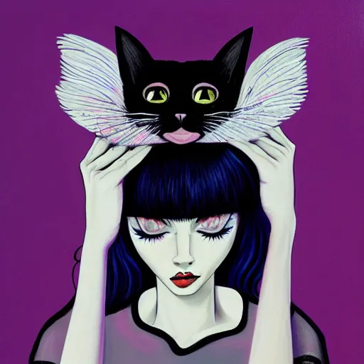 Image similar to a painting of a woman holding a cat, a character portrait by harumi hironaka, trending on deviantart, pop surrealism, ilya kuvshinov, digital illustration, storybook illustration