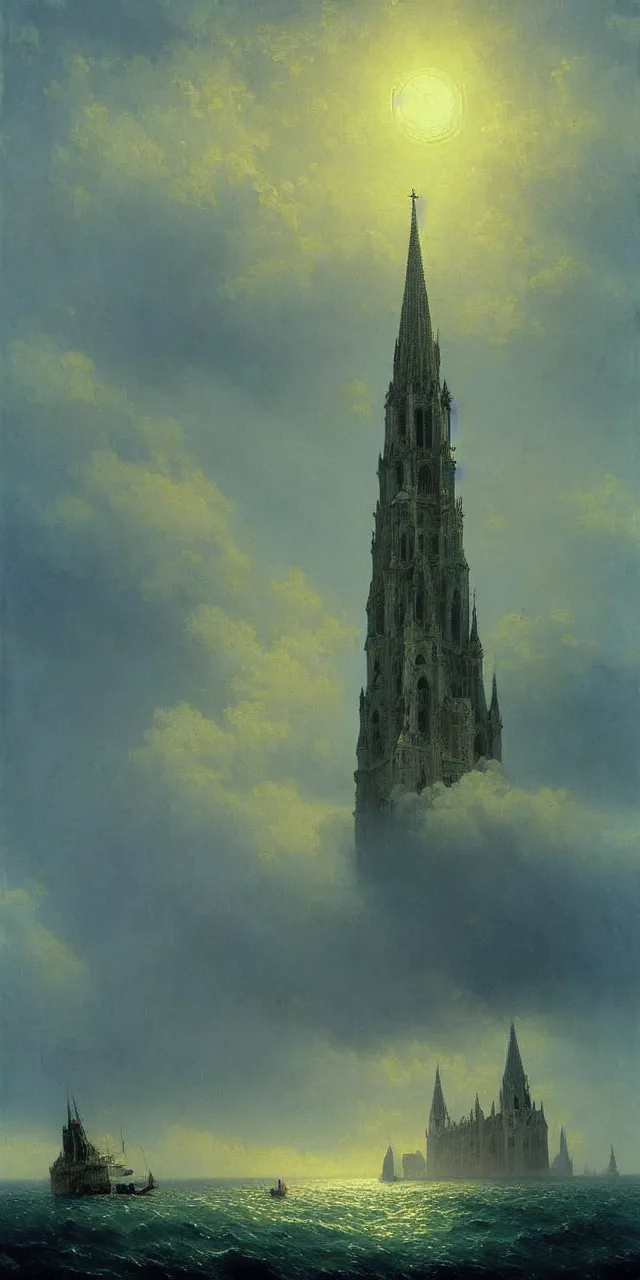 Prompt: detailed painting of the tall gothic cathedral sticking up in the middle of the ocean by ivan aivazovsky, dramatic lighting, demonic undertones, warm light, detailed concept art, hyperrealistic, beautiful architecture, low angle looking up