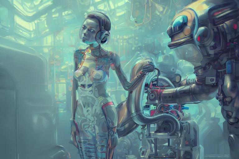 Prompt: hyperrealistic photography of a machine entering a female host in the style of jin kagetsu, james jean and wlop, highly detailed, sharp focus, intricate concept art, digital painting, vibrant colors, ambient lighting, 4 k, artstation