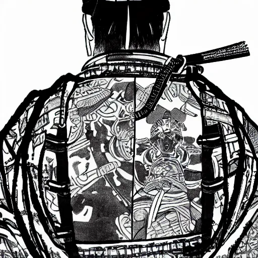 Image similar to entire body portrait from behind samurai that holds chain art inkstyle brush ink traditional sketch