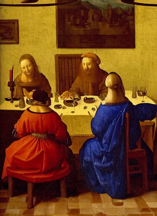 Image similar to a candlelit table at the inn, two people sitting at the table, swirling smoke, dark smoke, realistic, in the style of leonardo da vinci, dutch golden age, amsterdam, medieval painting by jan van eyck, johannes vermeer, florence