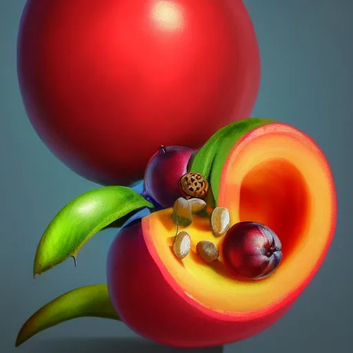 Image similar to a beautiful painting of Devil's fruit that gives you superhuman powers when you eat it, fantasy art, highly detailed, mysterious, octane render, trending on artstation