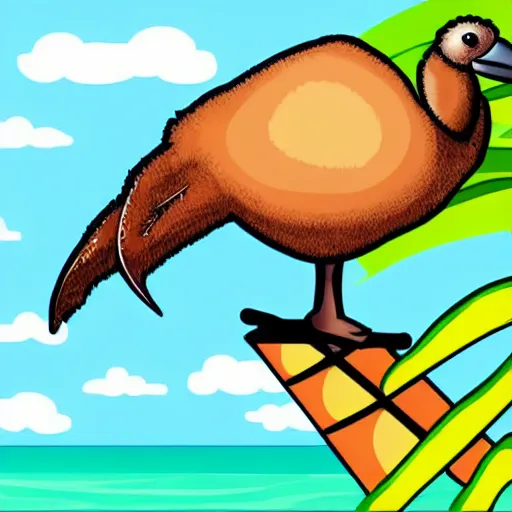 Image similar to cute digital illustration of a dodo bird surfing. super cute. tropical. colorful.