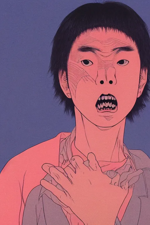 Image similar to a scifi closeup portrait of a young japanese man licking a blotter paper of LSD acid on his tongue and dreaming psychedelic hallucinations in cosmos, by kawase hasui, moebius, Edward Hopper and James Gilleard, Zdzislaw Beksinski, Steven Outram colorful flat surreal design, hd, 8k, artstation