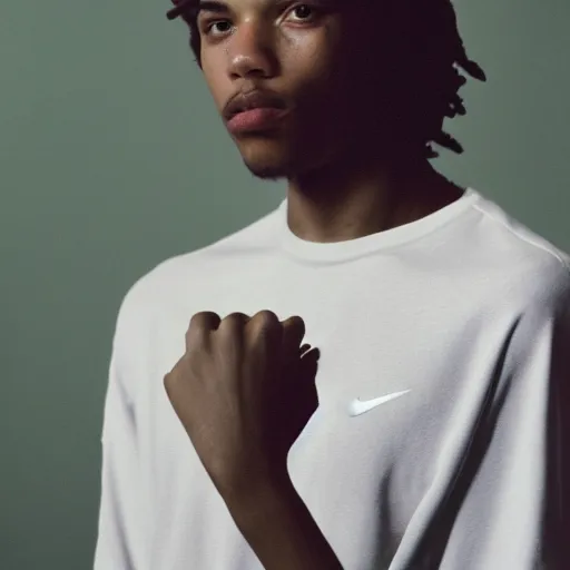 Image similar to realistic photoshoot for a new nike lookbook, color film photography, portrait of a beautiful person in style of tyler mitchell, 35mm, graflex