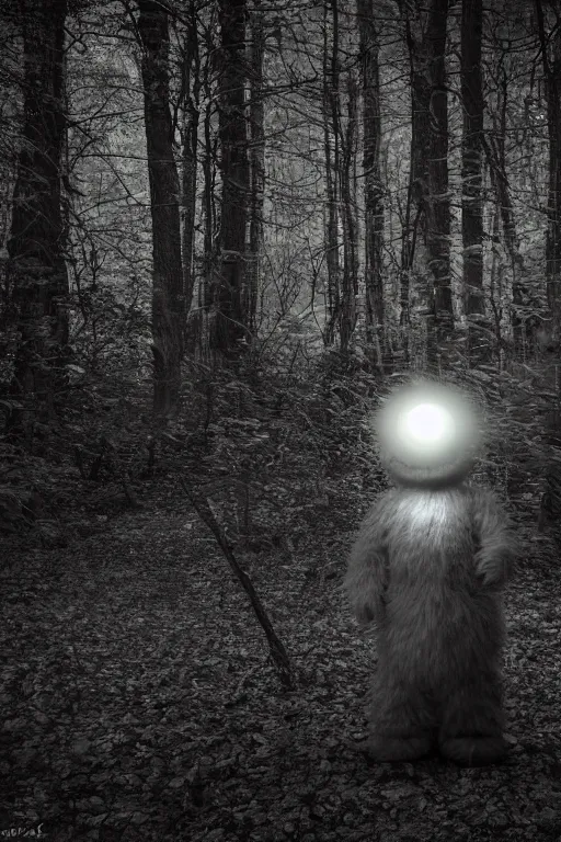 Image similar to trailcam night vision photograph of an abhorrent eldritch demonic forest teletubby creature. 8 k resolution