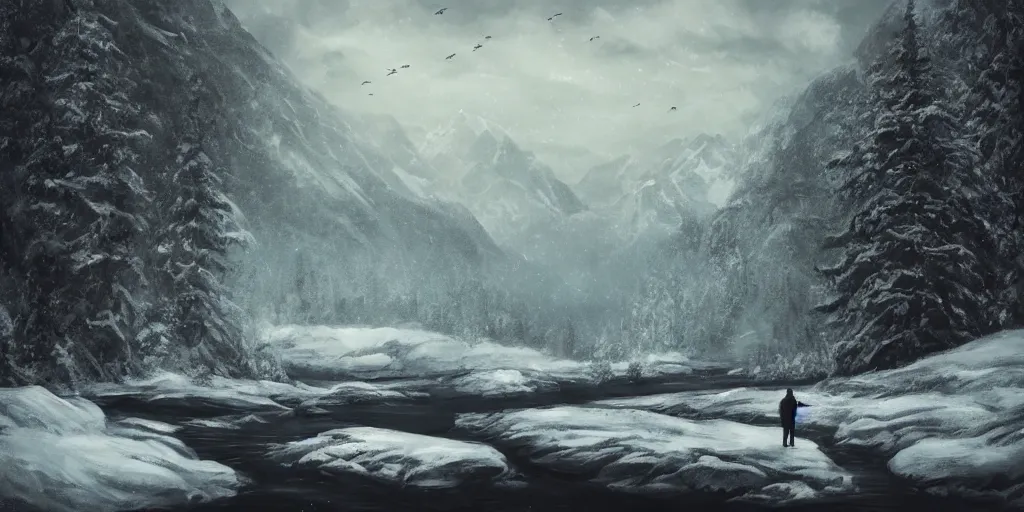 Image similar to A majestic landscape featuring a river, mountains and a forest. A small group of birds is flying in the sky. Harsh winter. very windy. There is a man walking in a deep snow.Camera is positioned behind the man. Cinematic, very beautiful, painting in the style of Lord of the rings