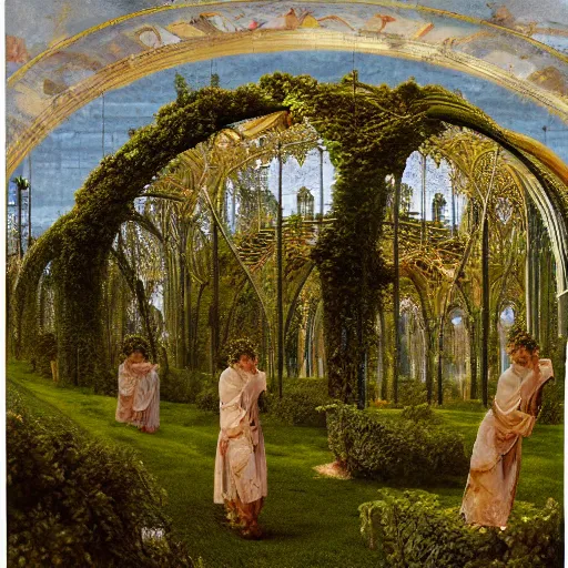 Image similar to a recursive cathedral made of marble within a wildflower meadow at dawn, infinite regress, droste effect, in the style of alma tadema