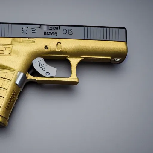 Image similar to an sls 3 d printed golden and silver glock 1 9. 8 0 mm lens, f 1. 8.