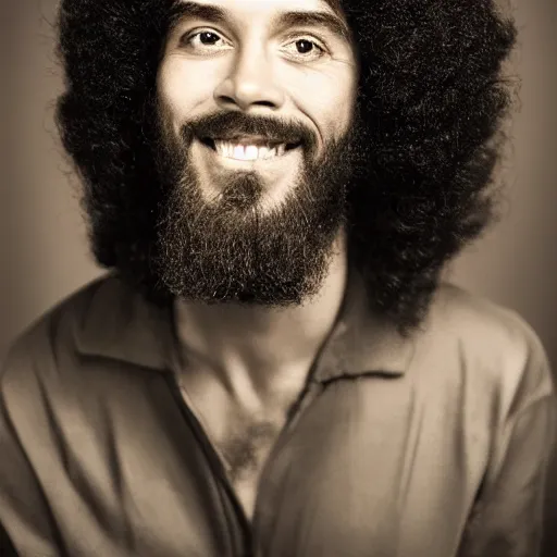 Image similar to jesus with a large afro, award winning portrait photography