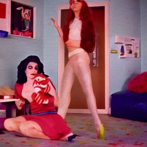 Image similar to bored housewife meets a sad inflatable toy in a seedy motel room, 1978 color Fellini film, ugly motel room with dirty walls and old furniture, archival footage, technicolor film, 16mm, live action, John Waters, campy and colorful