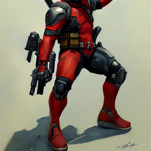 Image similar to greg manchess portrait painting of armored deadpool as overwatch character, medium shot, asymmetrical, profile picture, organic painting, sunny day, matte painting, bold shapes, hard edges, street art, trending on artstation, by huang guangjian and gil elvgren and sachin teng