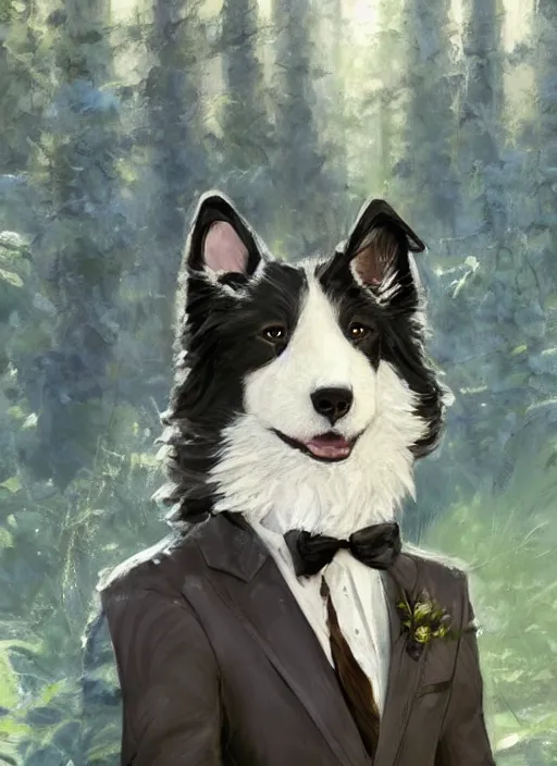 Prompt: portrait of a cute anthro male anthropomorphic border collie fursona wearing a suit in a sunny glade. by henry asencio, jon foster, and ross tran. scenic background, highly detailed, concept art, furry, glamor pose, elegant, aesthetic, beautiful, trending on artstation, top rated on furaffinity and deviantart