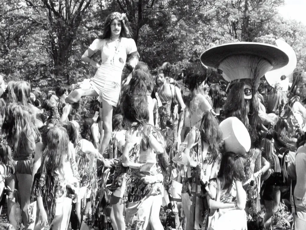 Prompt: 70s photo of beautiful hippy girl at hippy festival talking to a giant mushroom