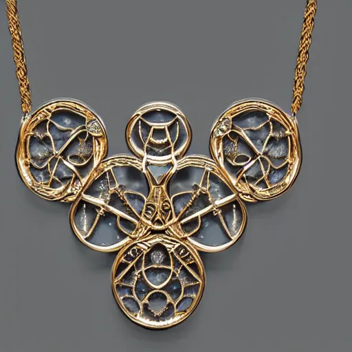 Prompt: jewelry inspired by leonardo da vinci , symmetrical, high detail, product photo