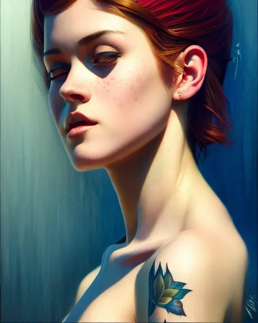 Prompt: stylized portrait of an artistic pose, composition, young tattooed suicide girl, realistic shaded, fine details, realistic shaded lighting poster by ilya kuvshinov, magali villeneuve, artgerm, jeremy lipkin and michael garmash and rob rey