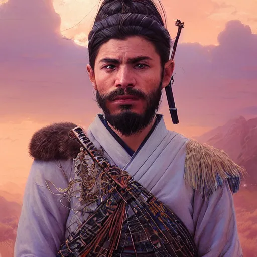 Prompt: Hyper realistic detailed portrait of Kurdish samurai, Stephen Bliss, unreal engine, fantasy art by Greg Rutkowski, Loish, Rhads, ferdinand knab, Makoto Shinkai and Lois van baarle, ilya kuvshinov, rossdraws, Tom Bagshaw, alphonse mucha, global illumination, radiant light, detailed and intricate environment, highly detailed, award winning art