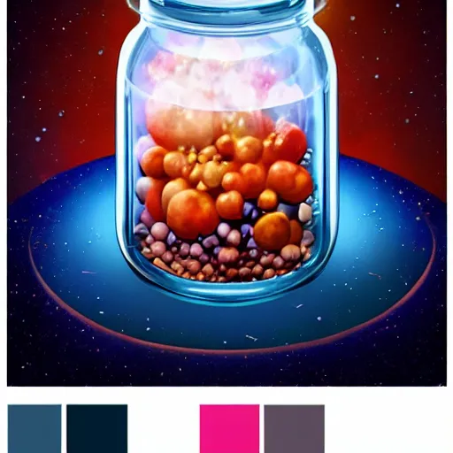 Prompt: universe in jar, hyperrealistic, 8k, trending on artstation, midjourney AI, pleasing color palette, stylistic