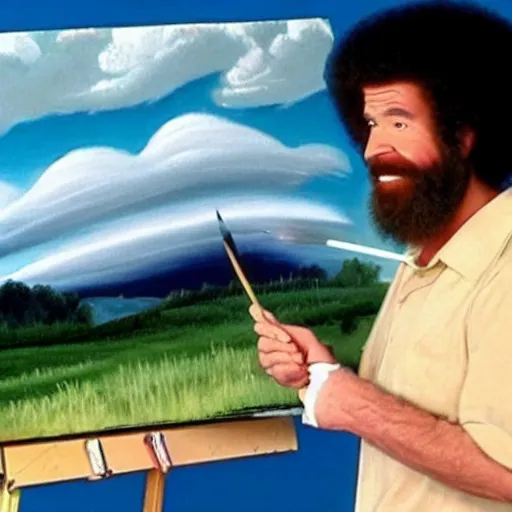 Prompt: a still of Bob ross painting chemtrails in the sky with a paintbrush in the style of bob ross