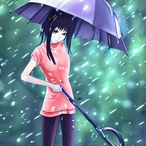 Prompt: realistic anime digital art, holding an umbrella in the rain