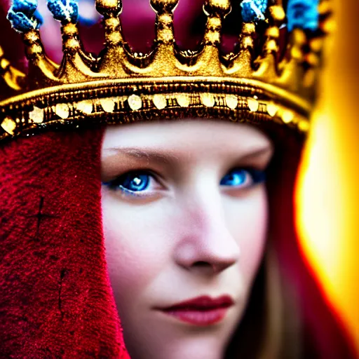 Prompt: portrait photograph of a very beautiful nordic queen with ornate cloak, bokeh, graflex camera, macro 25mm