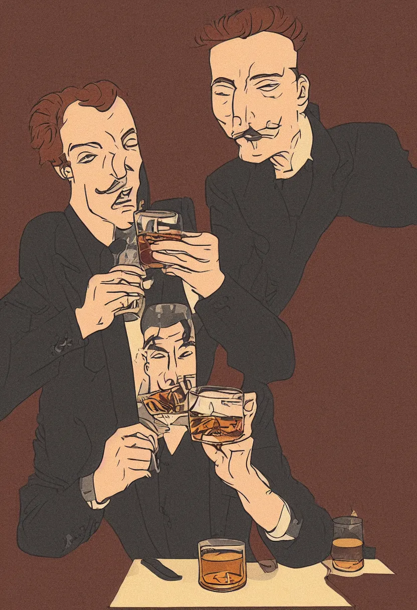 Image similar to a man drinking whiskey on his birthday, highly detailed 2 d illustration in matte colors