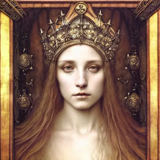 Prompt: detailed realistic beautiful young medieval queen face portrait by jean delville, tom bagshaw, brooke shaden, gustave dore and marco mazzoni, art nouveau, symbolist, visionary, gothic, pre - raphaelite, ornate gilded medieval icon, surreality, ethereal, unearthly, haunting, celestial, neo - gothic, ghostly, memento mori, enigmatic