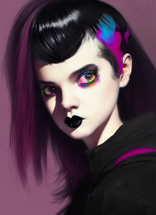 Image similar to portrait of a teen girl with a crooked nose and a confident expression, 1 9 6 0 s, black clothes, goth, punk, brightly coloured hair, funk, intricate, elegant, highly detailed, digital painting, artstation, concept art, smooth, sharp focus, illustration, art by wlop, mars ravelo and greg rutkowski