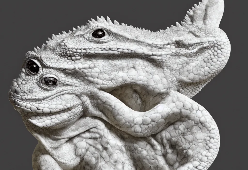 Image similar to photograph of a sculpture on marble white of a iguana , made from Gian Lorenzo Bernini, artstation, hyper realistic, drammatic light