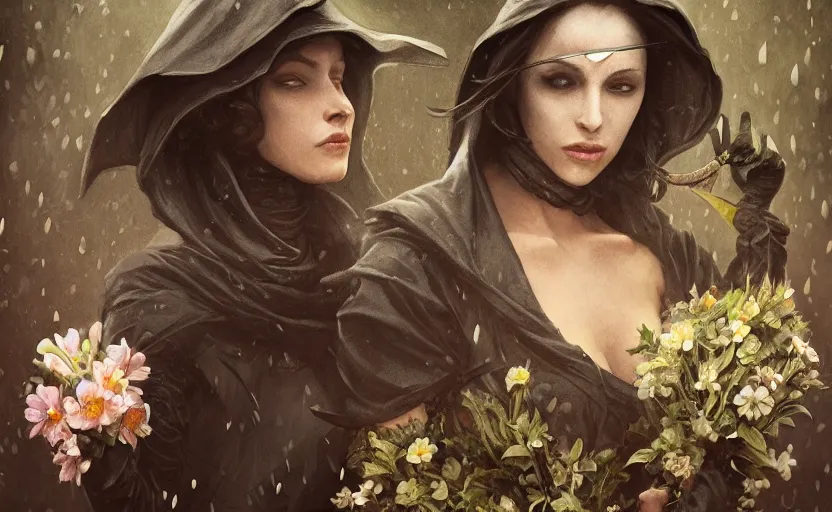 Image similar to female plague doctor holding flowers, heavy rain, wind, thunder, reflections, deep focus, d & d, fantasy, intricate, elegant, highly detailed, digital painting, artstation, concept art, matte, sharp focus, illustration, hearthstone, art by artgerm and greg rutkowski and alphonse mucha