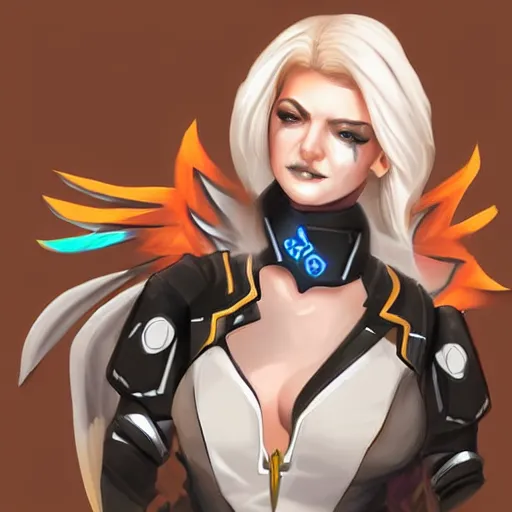 Image similar to digital painting of mercy overwatch, full body, wearing spiked collar and punk outfit, detailed face, detailed eyes,