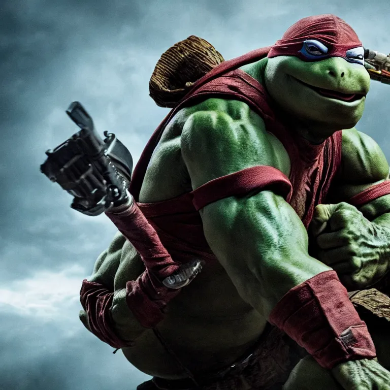 Prompt: hyper realistic teenage mutant ninja turtle movie still, gritty, realistic, noir, fight scene,