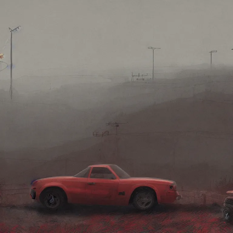 Image similar to Beautiful ultradetailed illustration of a Red race car by Simon Stalenhag, in a brutalist yet rural landscape by Simon Stalenhag, 35mm film photography, wallpaper 4k, dawn, eerie fog