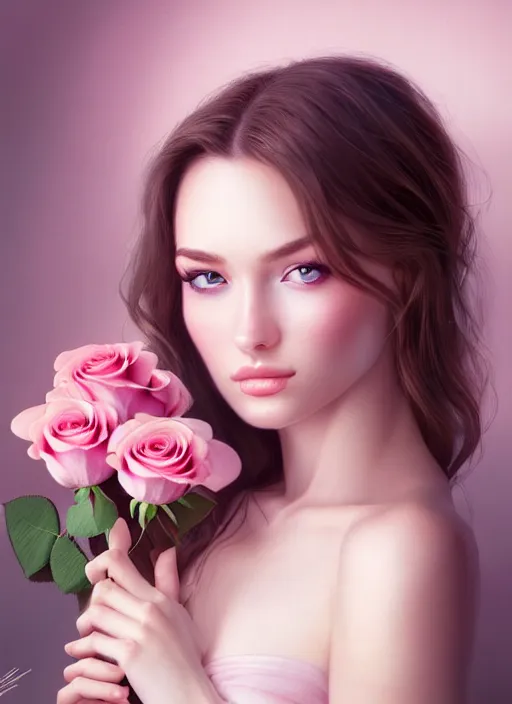 Image similar to a gorgeous female photo, professionally retouched, soft lighting, holding a bouquet of roses, realistic, smooth face, perfect eyes, wide angle, sharp focus on eyes, 8 k high definition, insanely detailed, intricate, elegant, art by artgerm and wlop