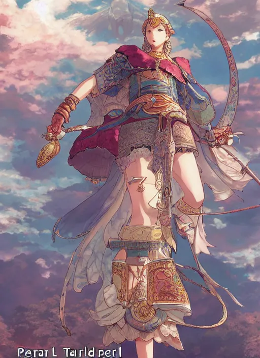 Image similar to character portrait of the pearl herald at the sky temple, hidari, color page, tankoban, 4K, tone mapping, Akihiko Yoshida.