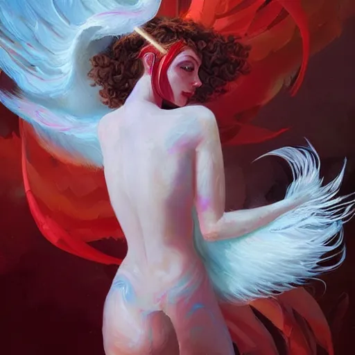 Image similar to a painting of a woman who made of curly white feathers which with red edges is holding a sword, a digital painting by peter mohrbacher, trending on artstation, metaphysical painting, speedpainting, made of feathers, digital painting, holographic undertones, highly saturated colors, 4 k, digital art, concept art, trending on artstation