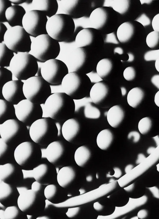 Image similar to realistic object photo of molecule made of black and white ping pong balls, hairy fluffy caterpillars, readymade, dadaism, fluxus, man ray, x - ray, electronic microscope 1 9 9 0, life magazine photo