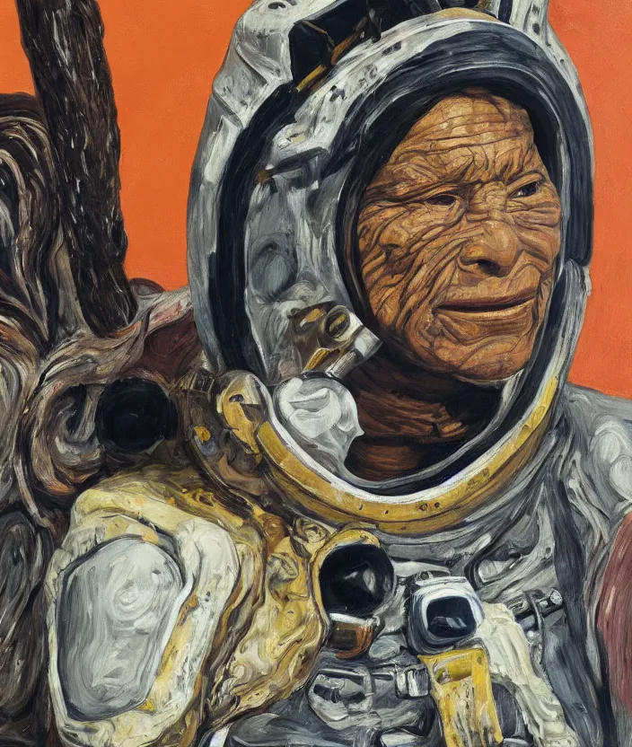 Image similar to indigenous woman with astronaut helmet, painted by lucian freud, hd, super detailed, realistic, muted colors