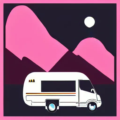 Image similar to vector art of a white and black cute thor chateau! motorhome camper!!, highway, mountains and colorful sunset!!, very happy, minimal vector art sticker!! by tom whalen, sanja stikovic