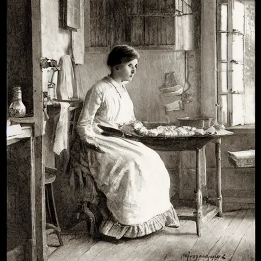 Image similar to a young edwardian woman baking bread in a cozy french kitchen, in the style of Anders Zorn