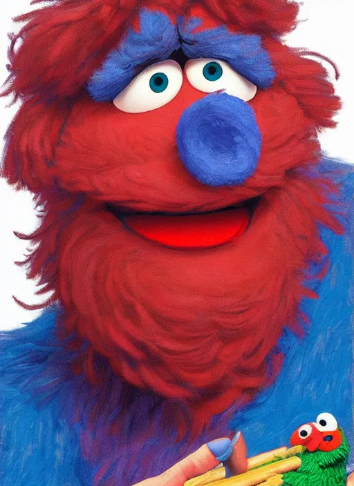 Image similar to portrait of Grover from Sesame Street in Society (1989), highly detailed, centered, solid color background, digital painting, artstation, concept art, smooth, sharp focus, illustration, donato giancola, Joseph Christian Leyendecker, Les Edwards, Ed Repka, Basil Gogos, WLOP, Artgerm