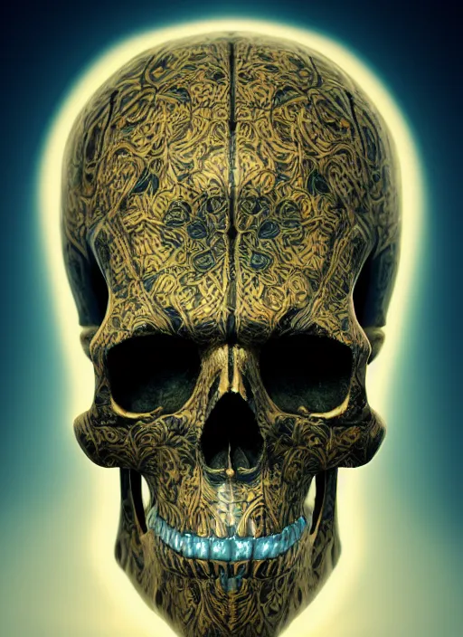 Prompt: hyperrealistic 3 d render skull, the skull is decorated with art deco patterns, hyperrealistic, volumetric lighting, ultra detailed, elegant, octane render, blue and gold, 8 k, trending on artstation, unreal engine