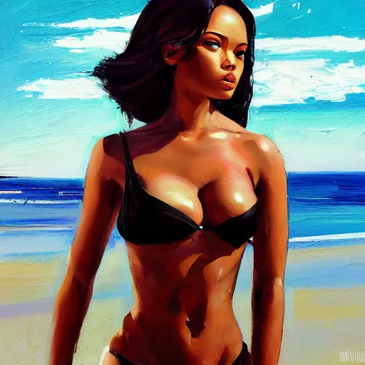 Prompt: oil painting by ilya kuvshinov,, baugh casey, artgerm craig mullins, coby whitmore, of a youthful black girl, long hair, fully clothed bikini at the beach, highly detailed, breathtaking face, studio photography, noon, intense bounced light, water reflection, large tree casting shadow, serine intense sunlight in the style of zack snyder