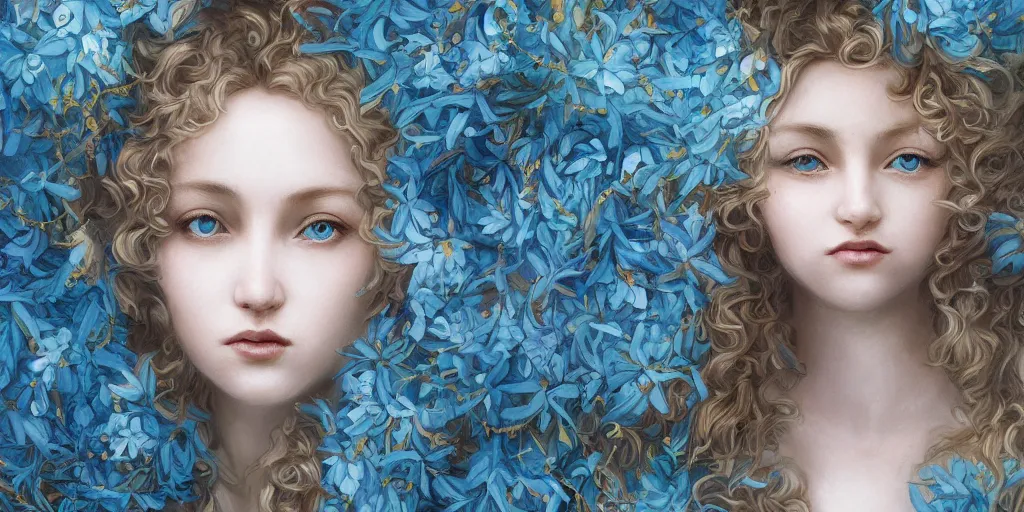 Prompt: breathtaking detailed concept art painting portrait of the hugs goddess of light blue flowers, blond curly hair, orthodox saint, with anxious piercing eyes, ornate background, amalgamation of leaves and flowers, by hsiao - ron cheng, extremely moody lighting, 8 k